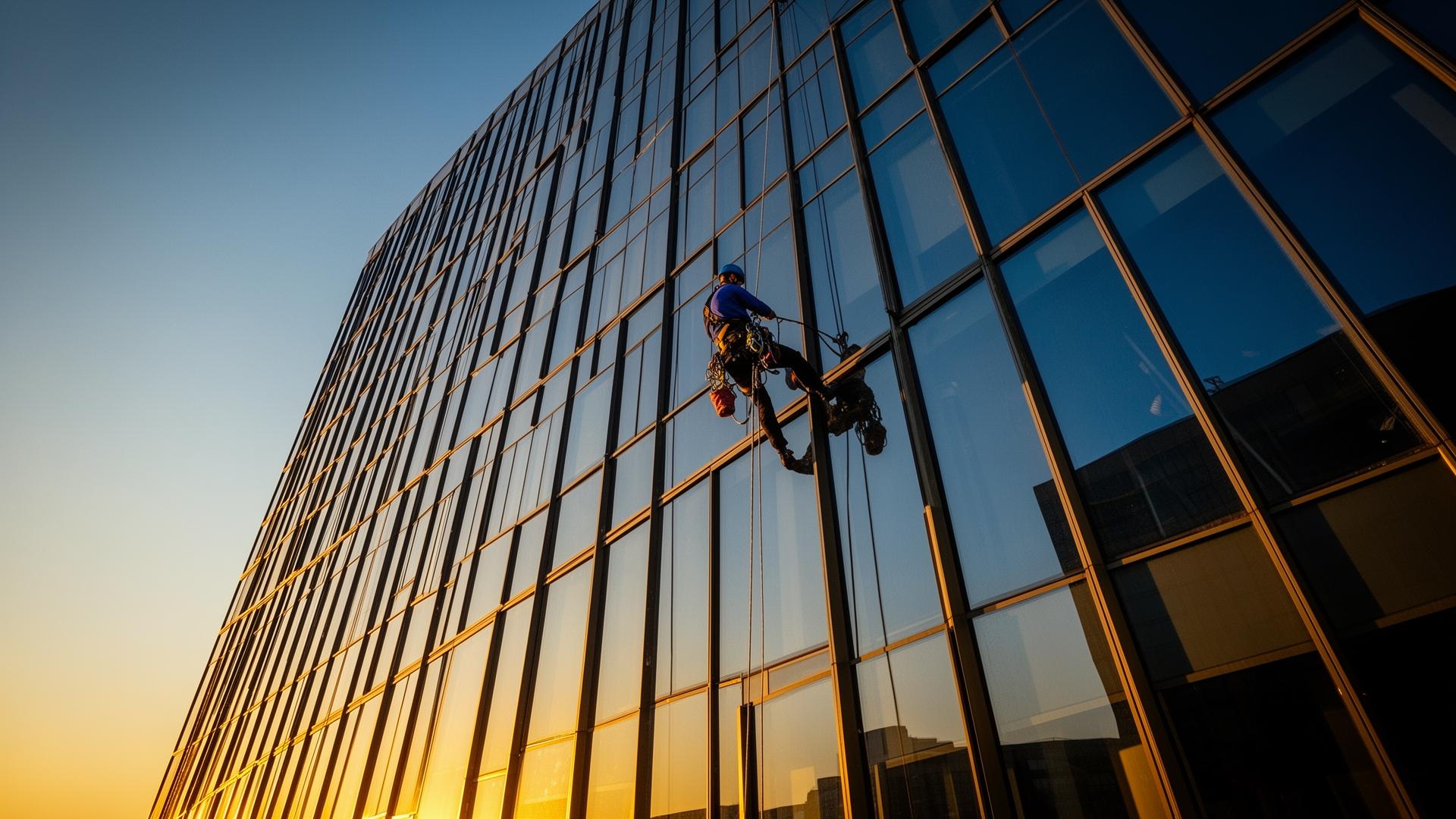Window cleaning specialist working on a glass tower at golden hour